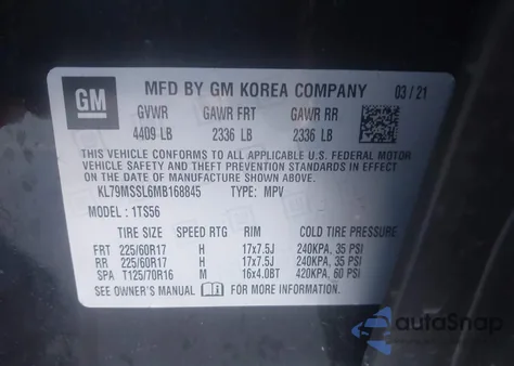 2021 Chevrolet Trailblazer Awd Activ from USA, damaged, VIN KL79MSSL6MB168845